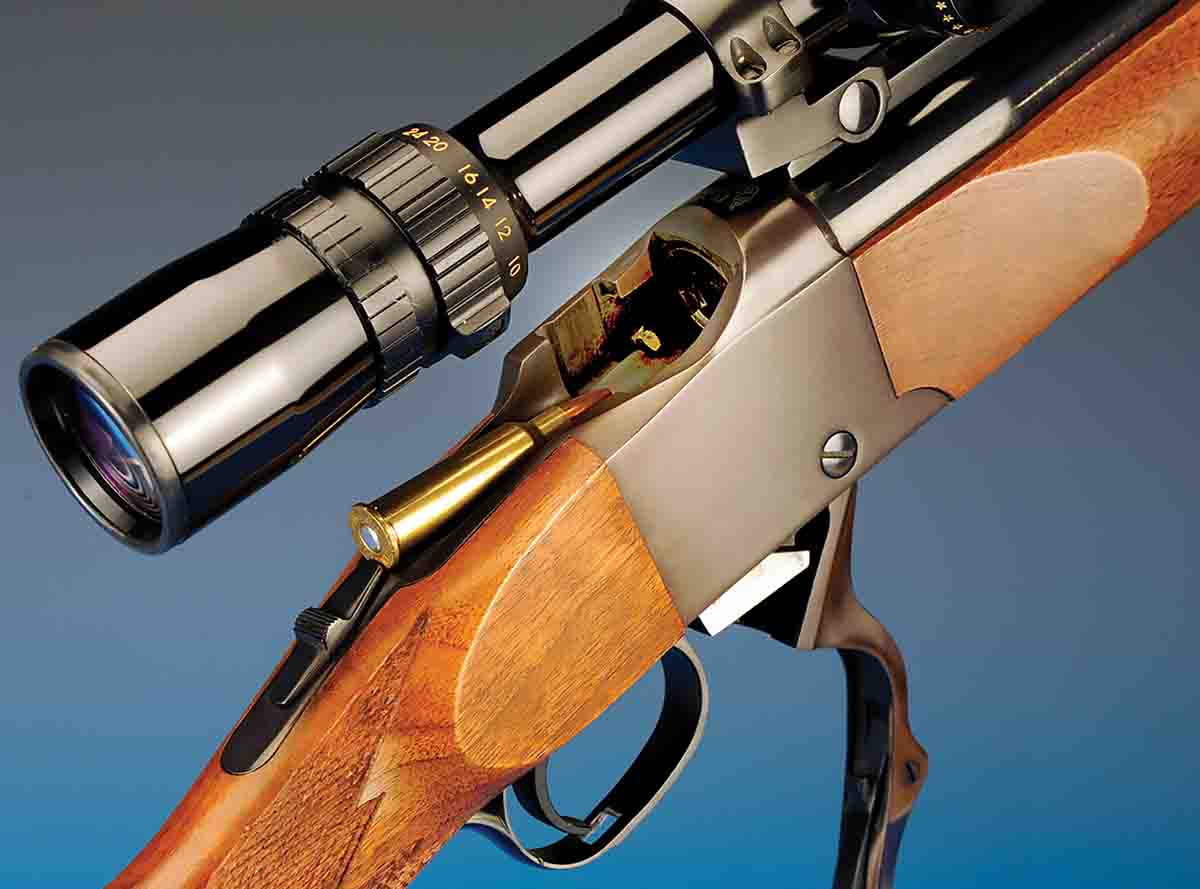 Looking closer at the details, we can see the single-shot action of the Ruger No. 1 with the 219 cartridge position just before the breech. The rifle is finely finished and is equipped with a set of Ruger offset scope rings to set the scope a little further back for shooter comfort.